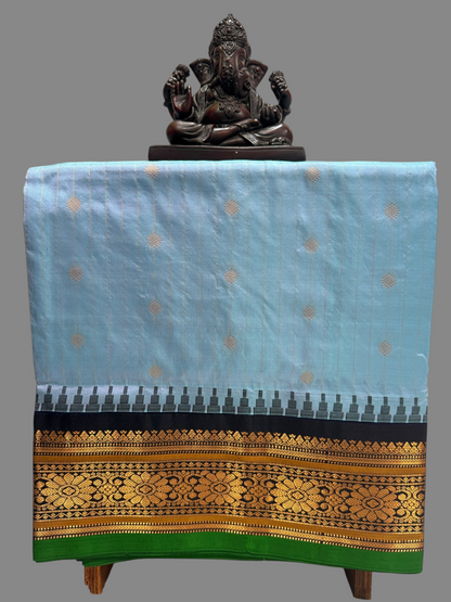 Kanchi Sky Blue Stripes Butta Pure Silk Sarees