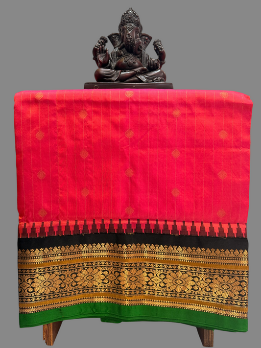 Kanchi Coral Pink Stripes Butta Pure Silk Sarees