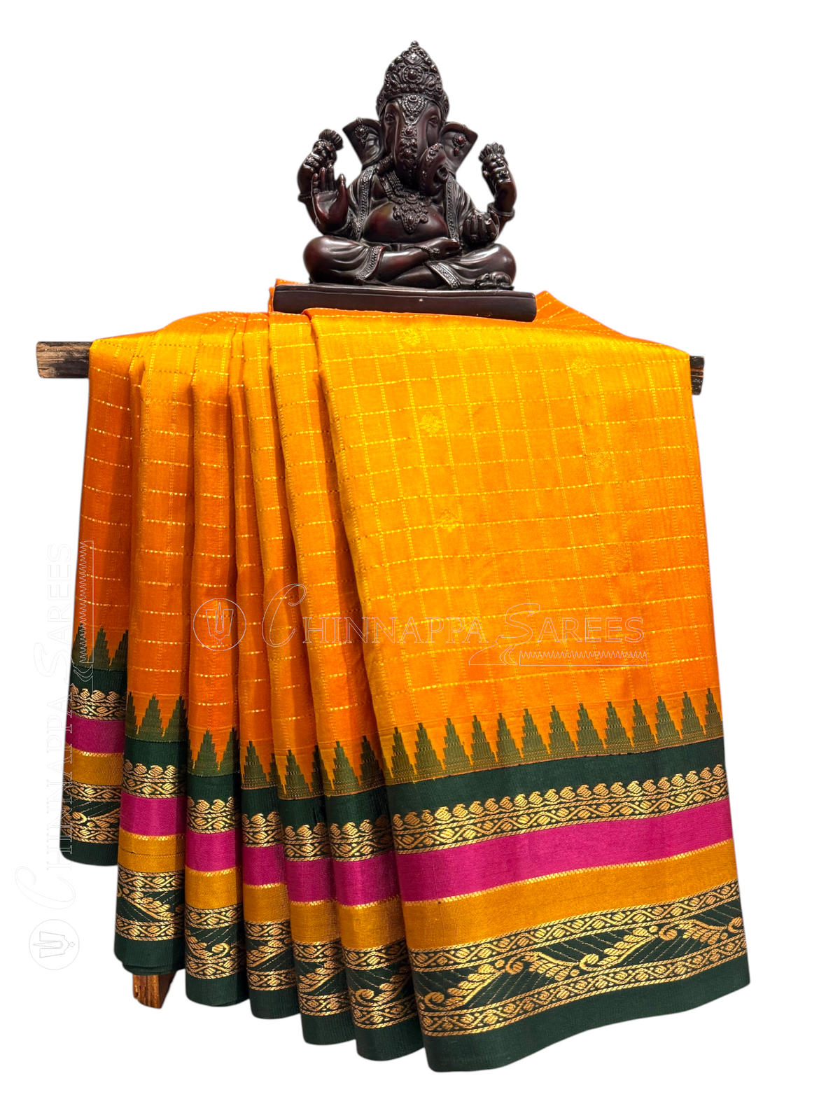 Gap Border Checks Marigold pure Silk Saree