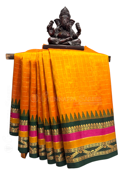 Gap Border Checks Marigold pure Silk Saree