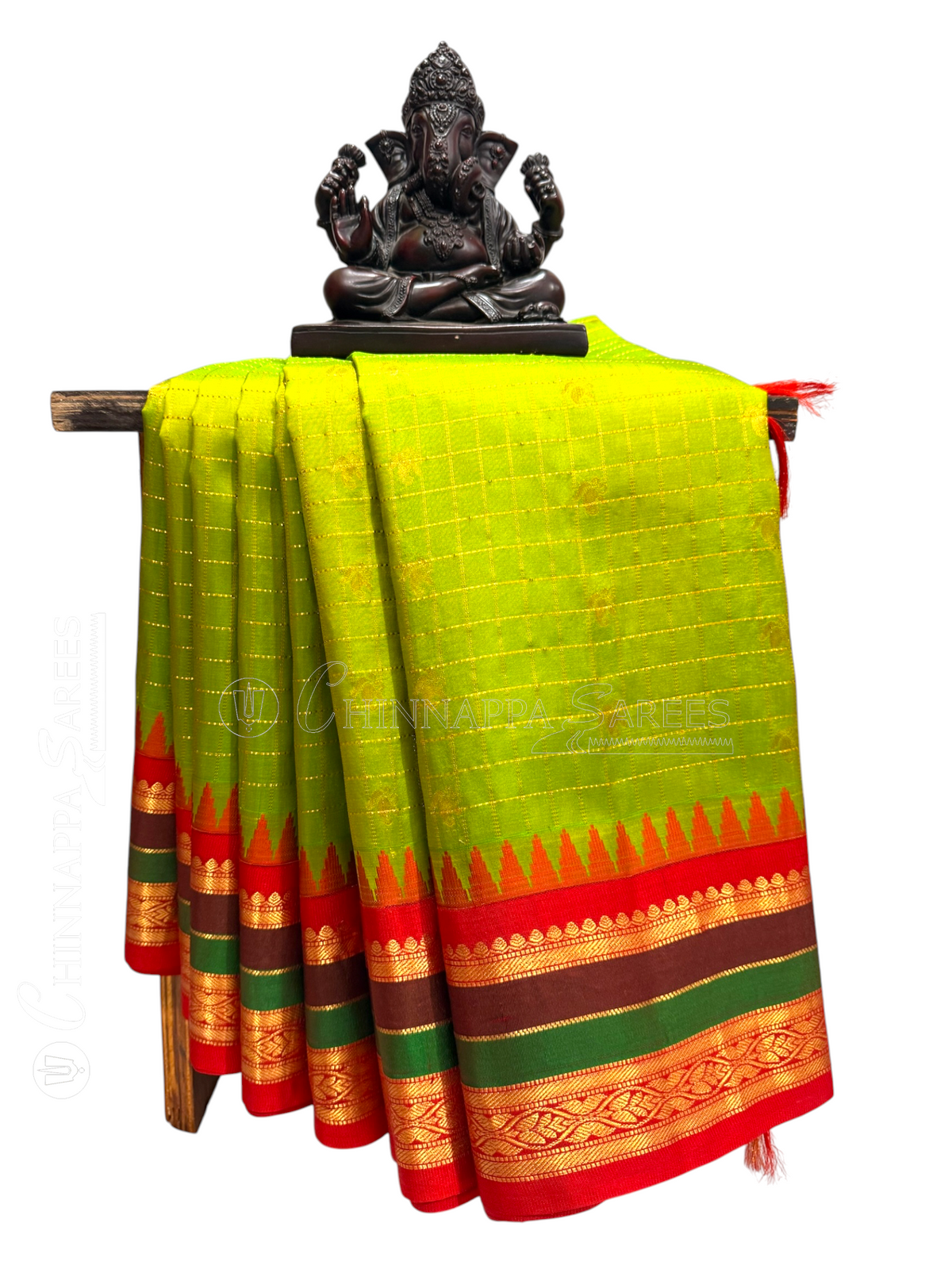 Gap Border Checks Lime Green Pure Silk Saree