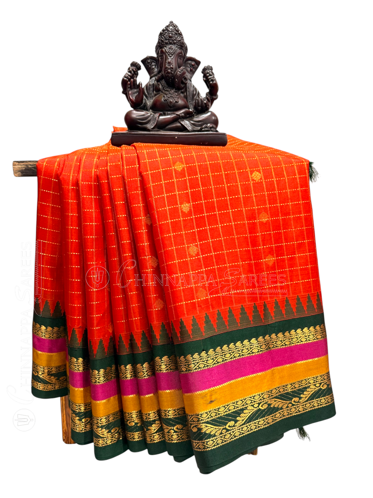 Gap Border Checks Kumkum Orange Pure Silk Saree