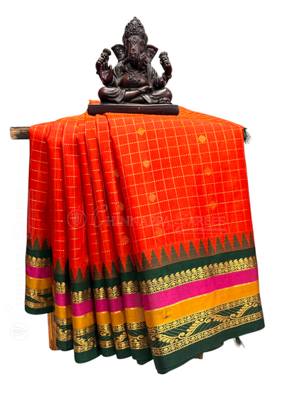 Gap Border Checks Kumkum Orange Pure Silk Saree
