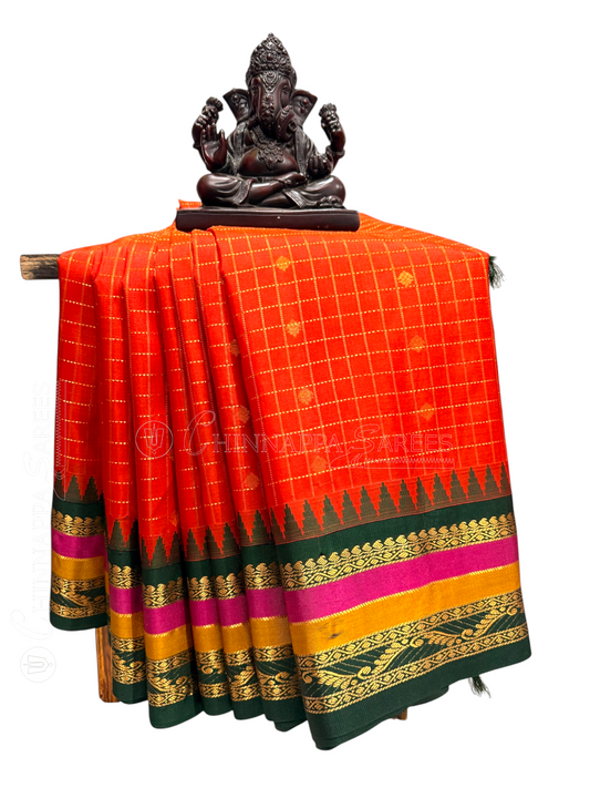 Gap Border Checks Kumkum Orange Pure Silk Saree