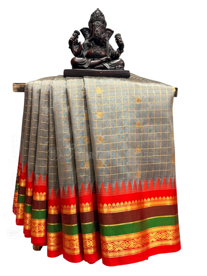 Gap Border Checks Silver Grey Pure Silk Saree