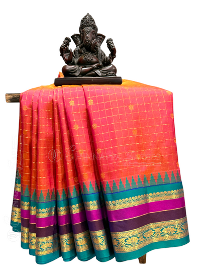 Gap Border Checks Tangerine-Rani Pure Silk Saree