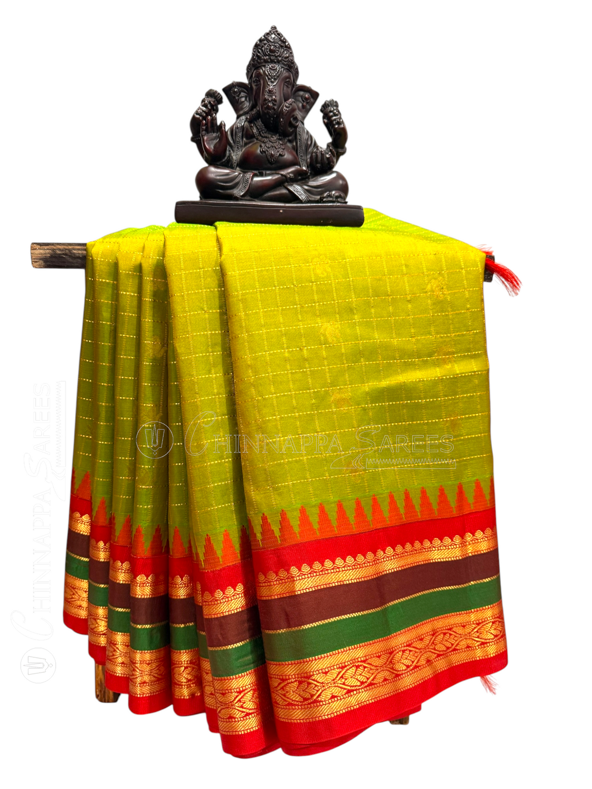 Gap Border Checks Mehndi Green Pure Silk Saree