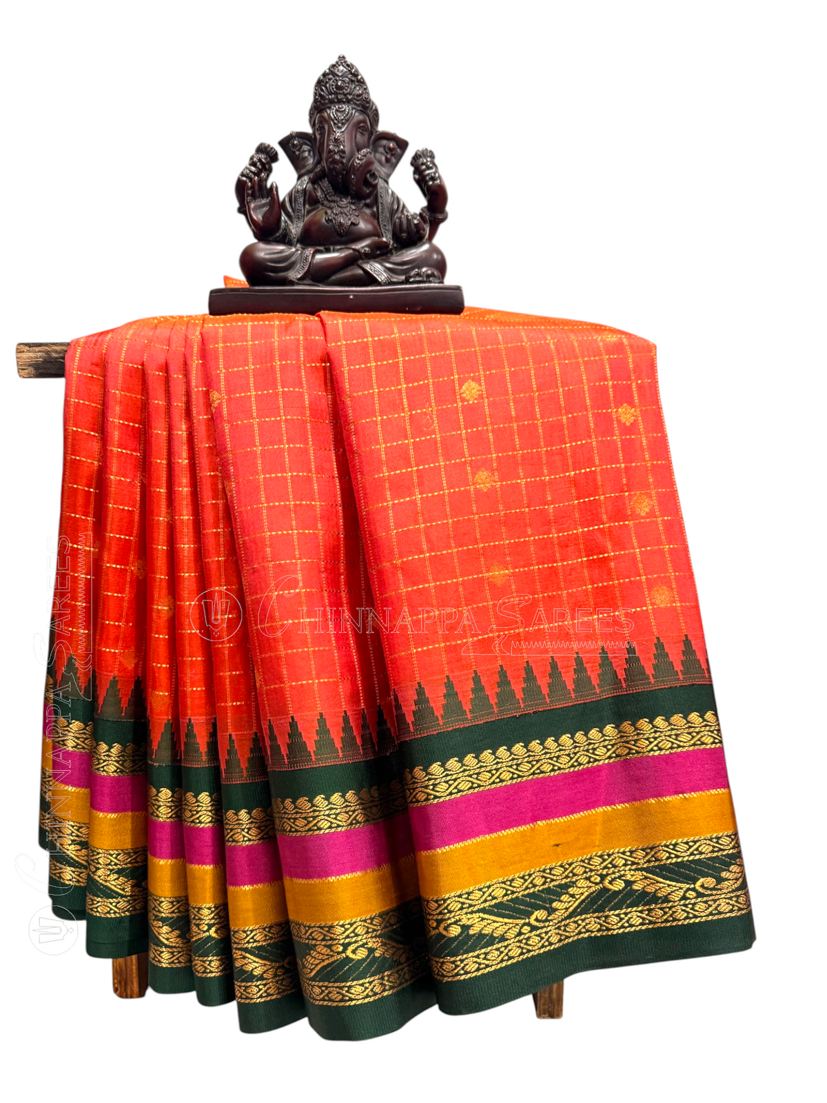 Gap Border Checks Bright Orange Pure Silk Saree