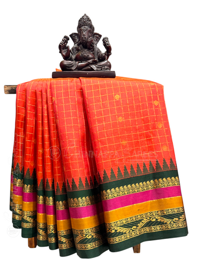 Gap Border Checks Bright Orange Pure Silk Saree