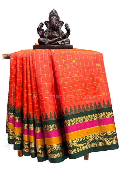 Gap Border Checks Bright Orange Pure Silk Saree