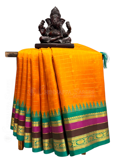 Gap Border Checks Mustard Yellow Pure Silk Saree
