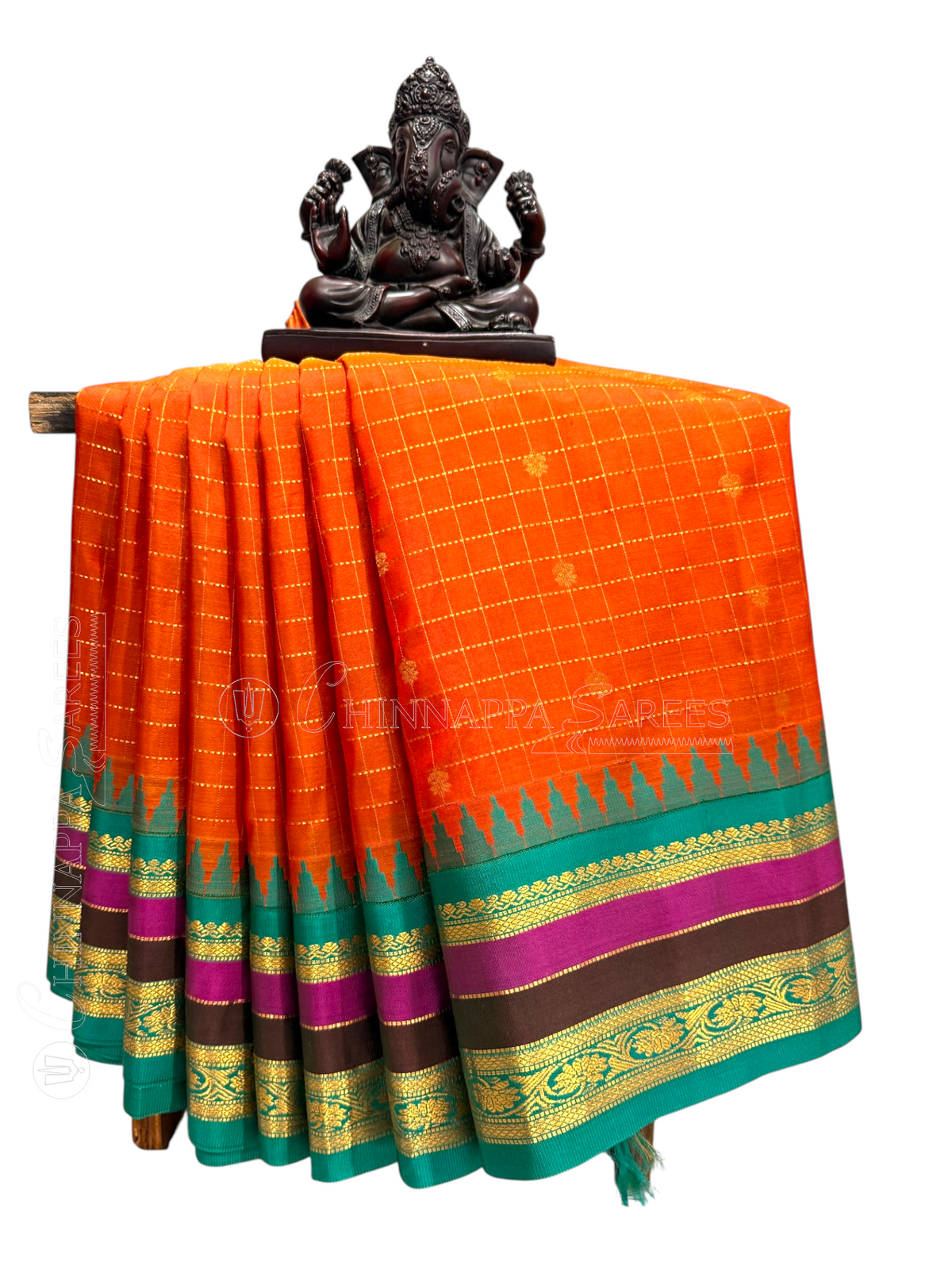 Gap Border Checks Saffron Orange Pure Silk Saree