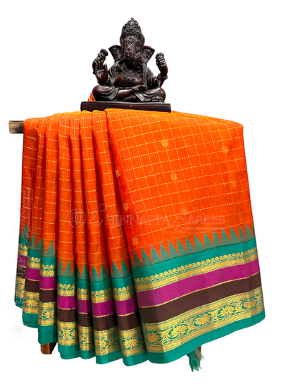 Gap Border Checks Saffron Orange Pure Silk Saree