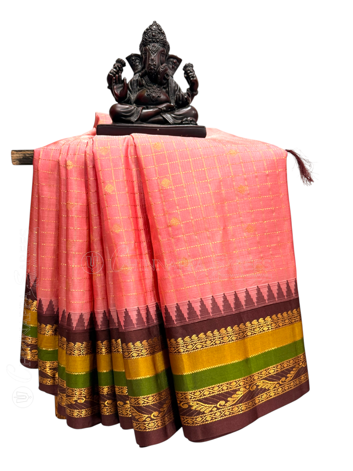 Gap Border Checks Peach Pink Pure Silk Saree