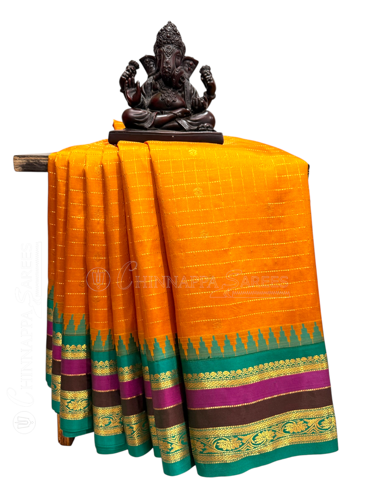 Gap Border Checks Sunflower Yellow Pure Silk Saree