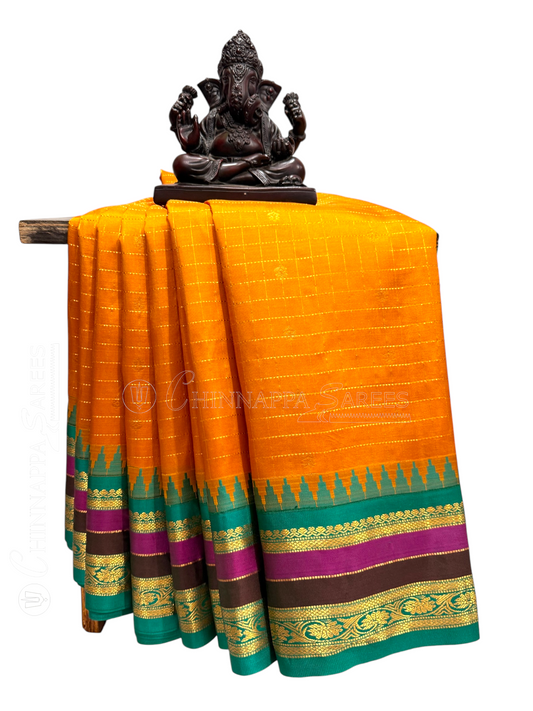 Gap Border Checks Sunflower Yellow Pure Silk Saree