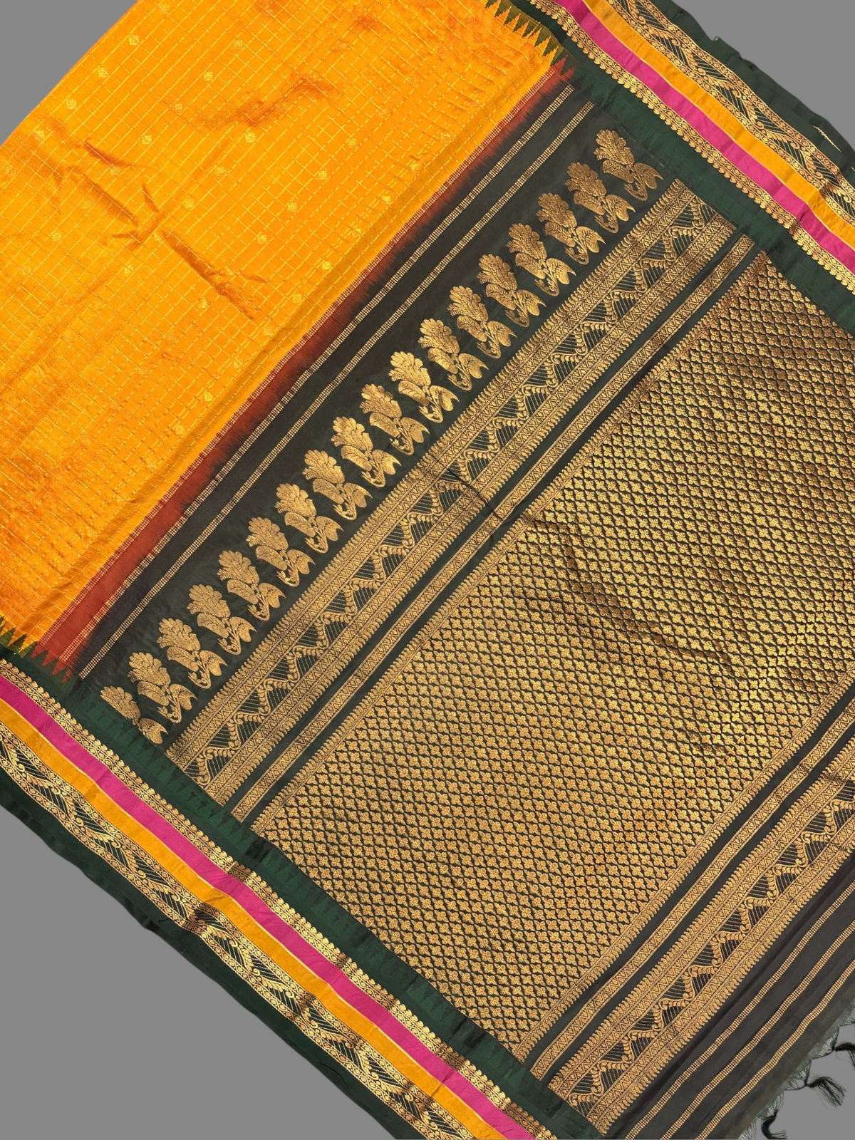 Gap Border Checks Marigold pure Silk Saree