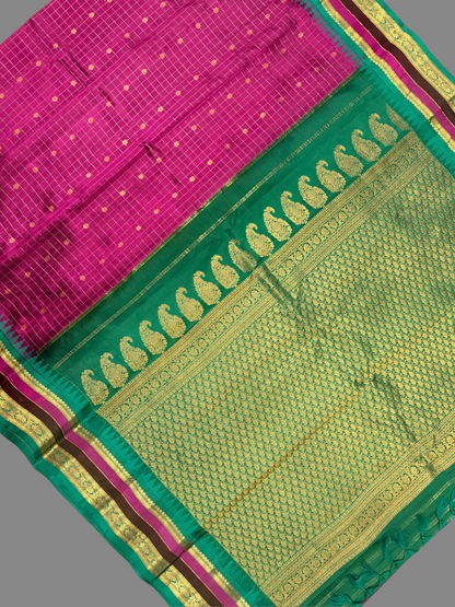 Gap Border Checks Magenta Pure Silk Saree