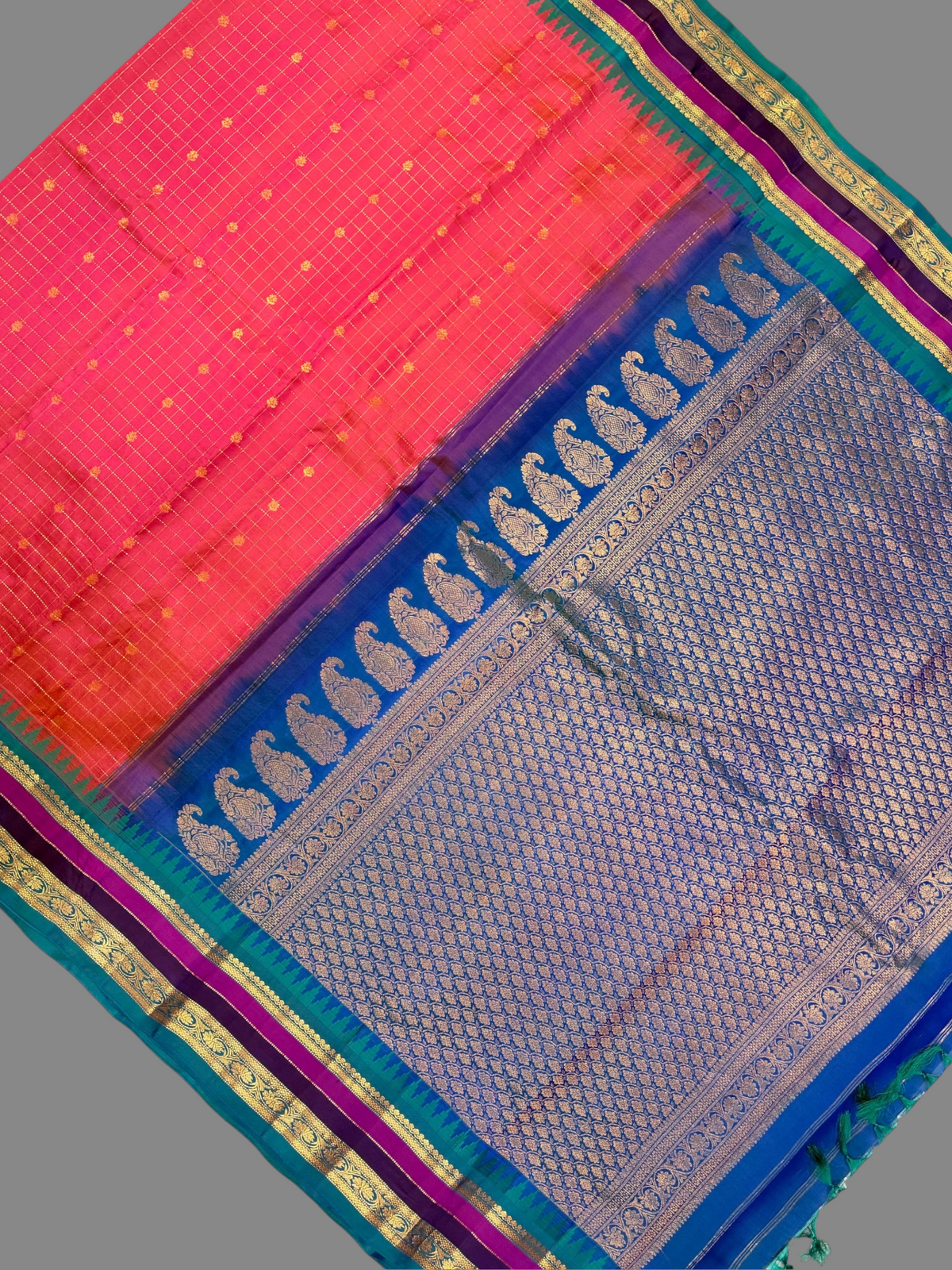 Gap Border Checks Tangerine-Rani Pure Silk Saree