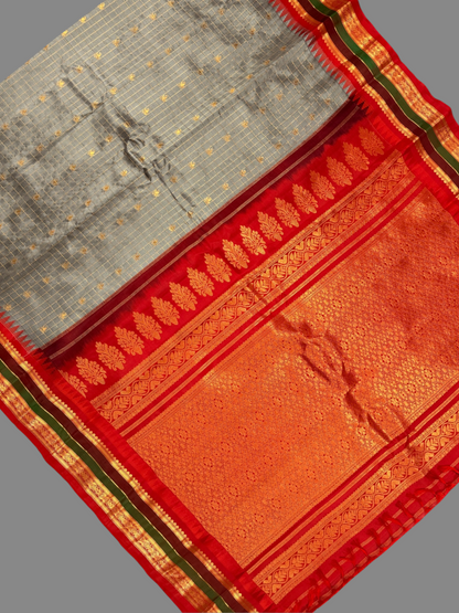 Gap Border Checks Silver Grey Pure Silk Saree