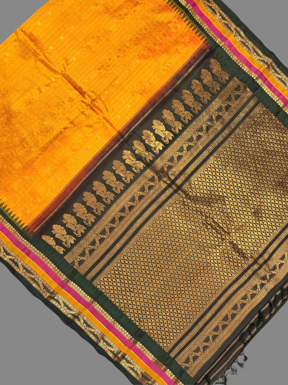 Gap Border Checks Golden Yellow Pure Silk Saree