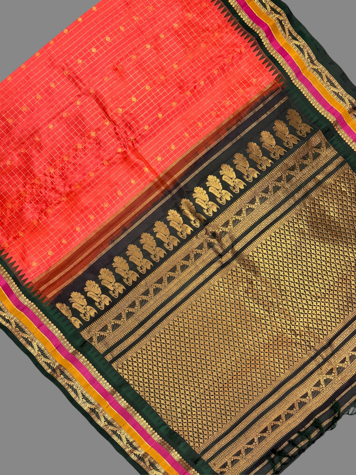 Gap Border Checks Kumkum Orange Pure Silk Saree