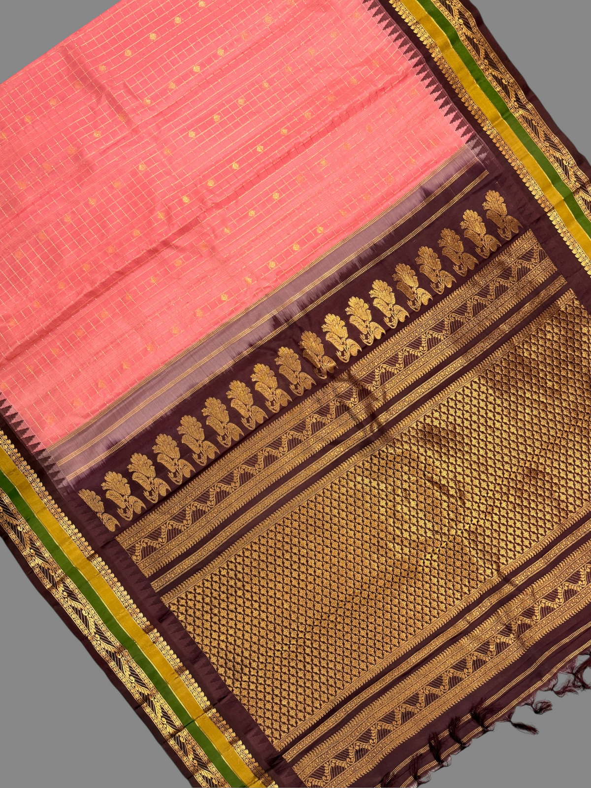 Gap Border Checks Peach Pink Pure Silk Saree