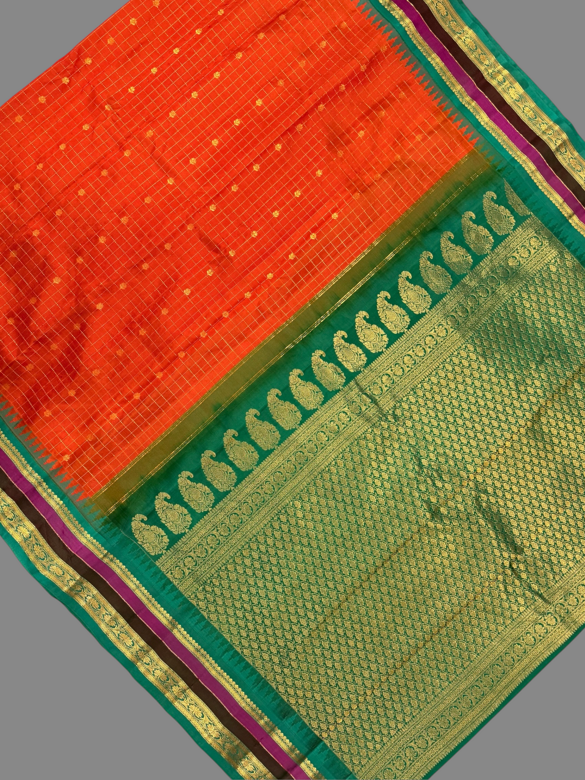 Gap Border Checks Saffron Orange Pure Silk Saree