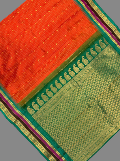 Gap Border Checks Saffron Orange Pure Silk Saree