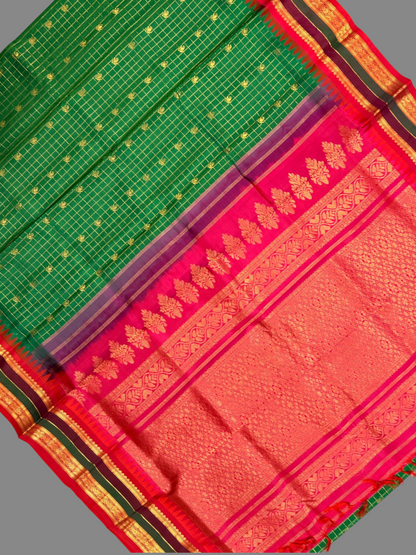Gap Border Checks Peacock Green Pure Silk Saree