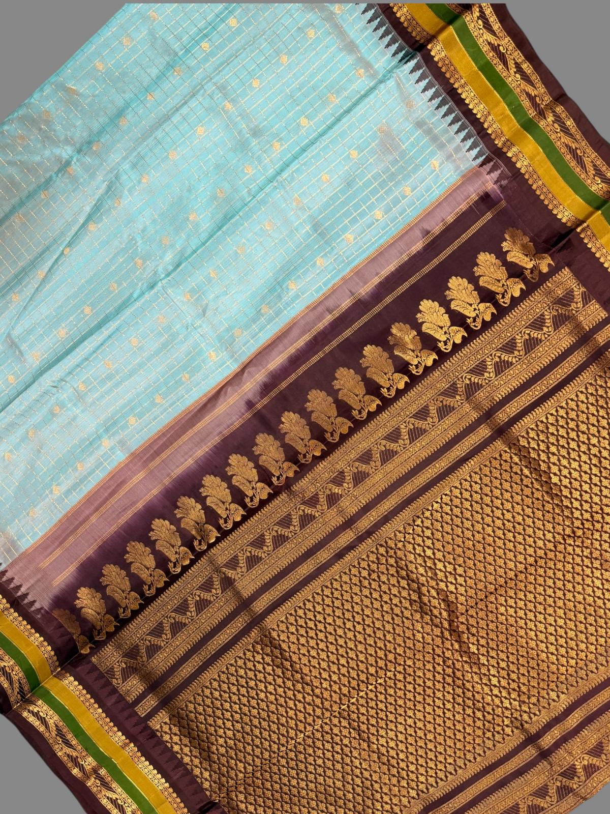 Gadwal Border Checks Light Sky Blue Pure Silk Saree