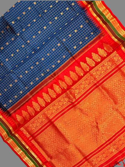 Gap Border Checks Dark Blue Pure Silk Saree