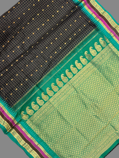 Gap Border Checks Black Pure Silk Saree