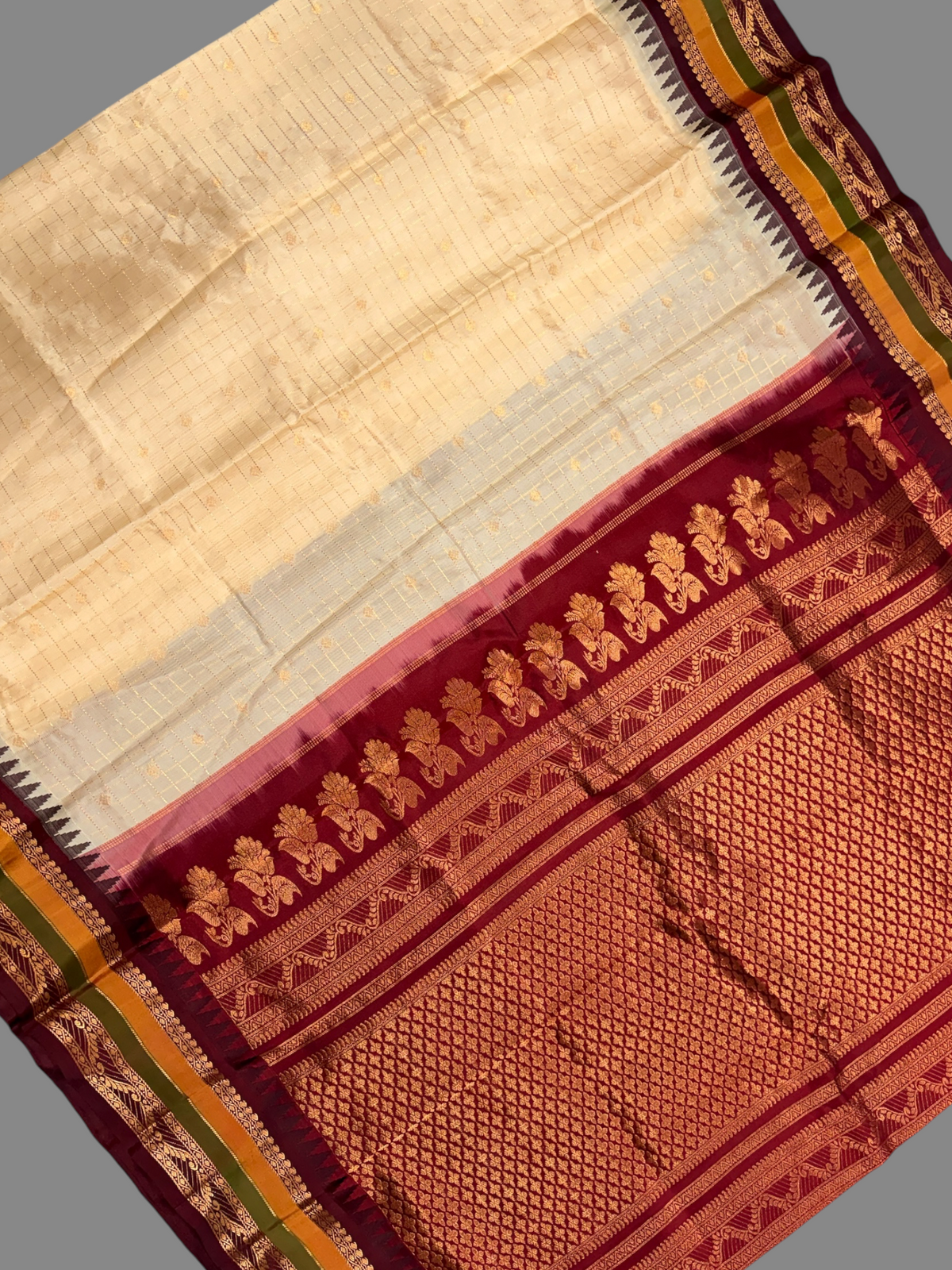 Gap Border Checks Cream Gold Pure Silk Saree