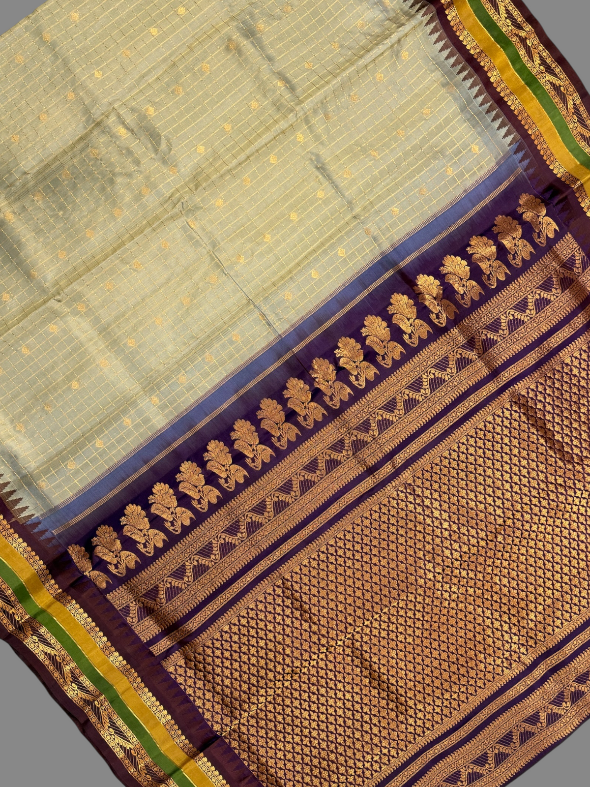 Gap Border Checks Ivory Gold Pure Silk Saree
