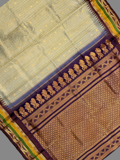 Gap Border Checks Ivory Gold Pure Silk Saree