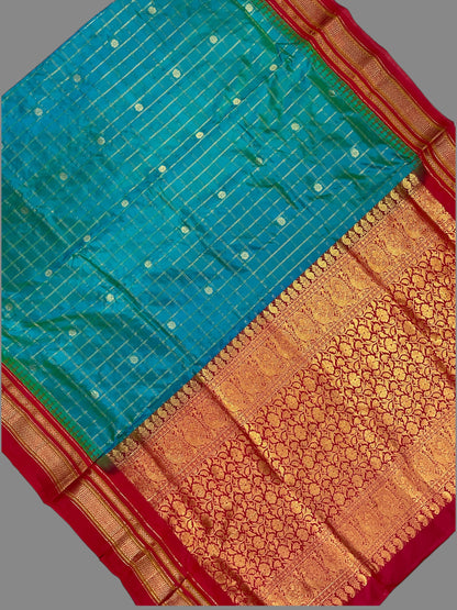 Peshwai Big Checks Rama Blue  Pure Silk Saree