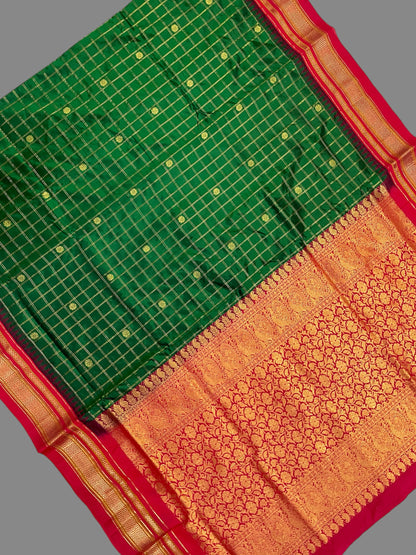 Peshwai Big Checks Dark Green Pure Silk Saree