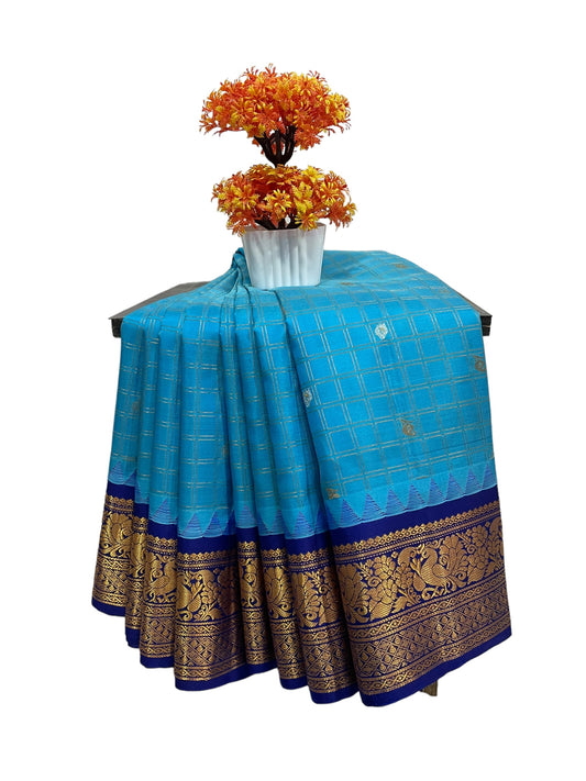 Humsa Big Checks Blue  Pure Silk Saree