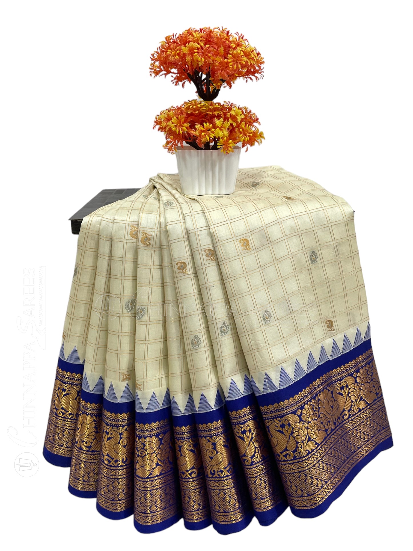 Humsa Big Checks White Pure Silk Saree