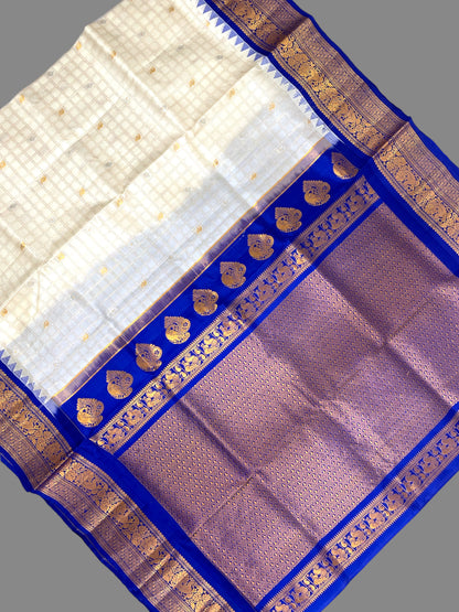 Humsa Big Checks White Pure Silk Saree