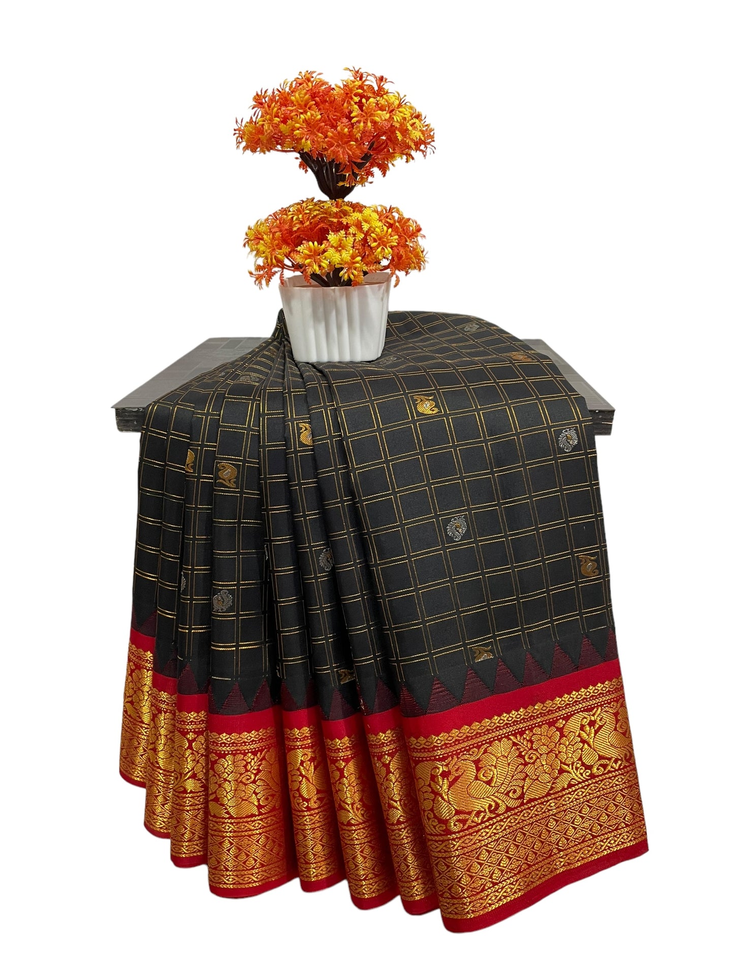 Humsa Big Checks Black Pure Silk Saree