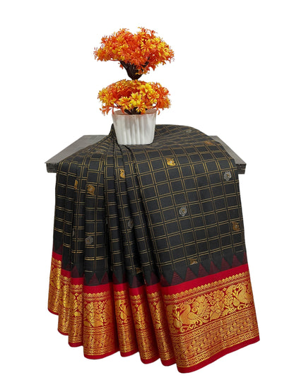 Humsa Big Checks Black Pure Silk Saree