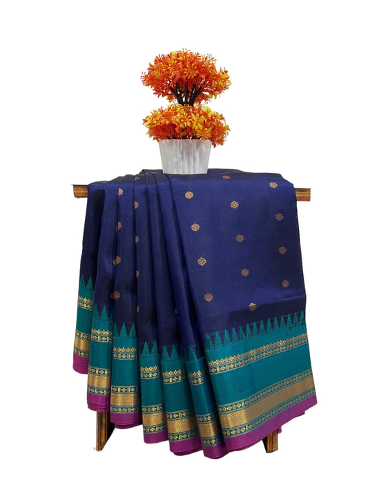 Narayanpet Gap Border Navy Blue Silk Saree