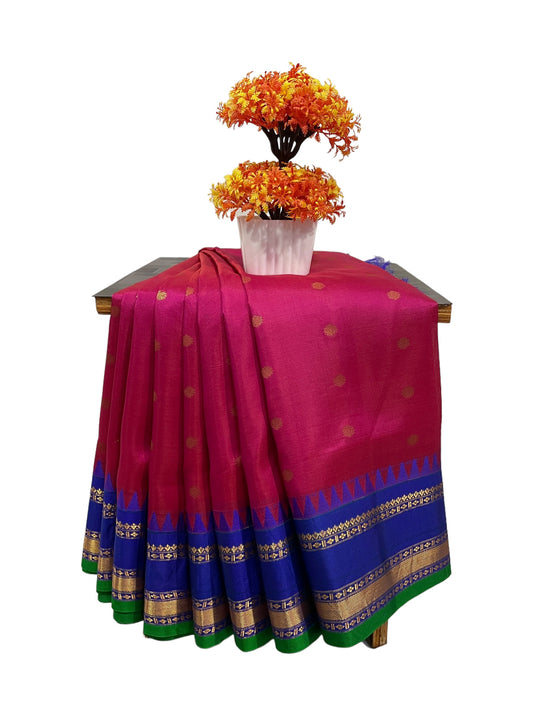 Narayanpet Gap Border Bright Pink Silk Saree