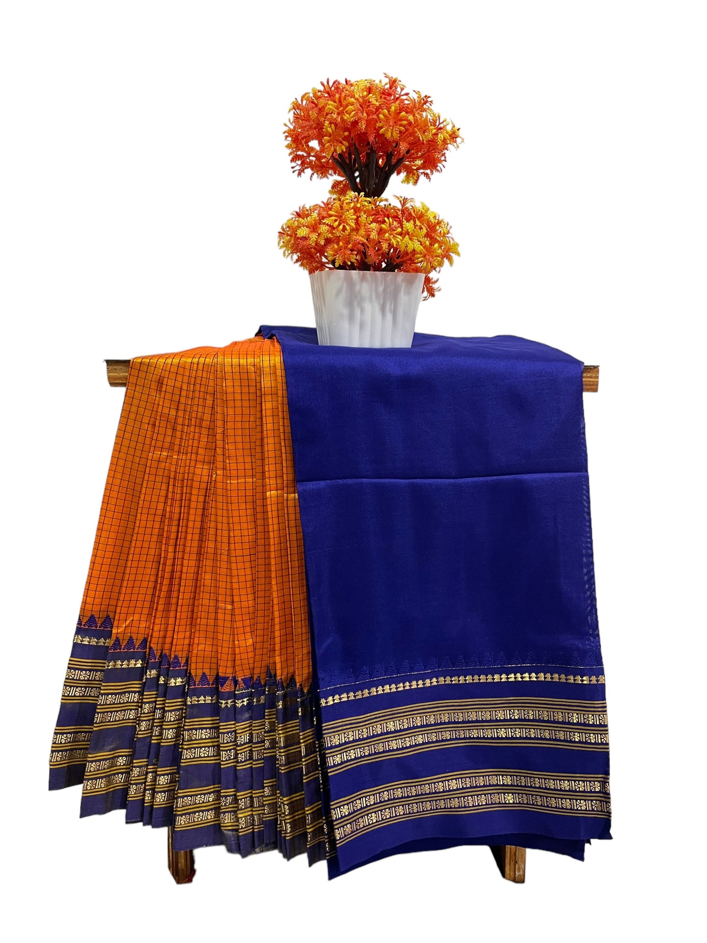 Narayanpet Checks Orange Pure Silk Saree