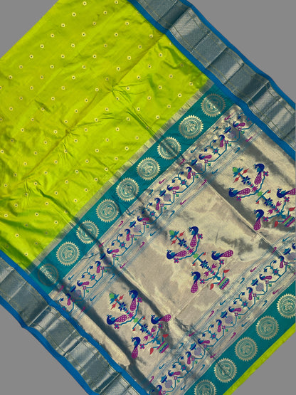 Paithani Pure Silk Parrot Green Pure Silk Saree