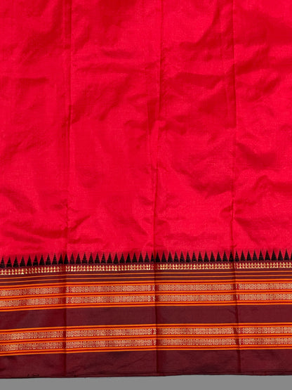 Narayanpet Plain Tomato Red Yellow Pure Silk Saree