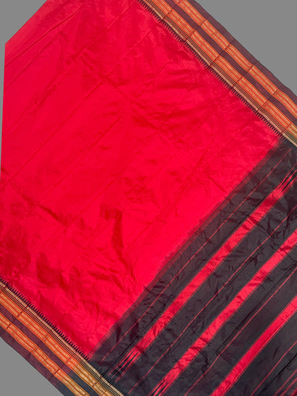 Narayanpet Plain Tomato Red Yellow Pure Silk Saree