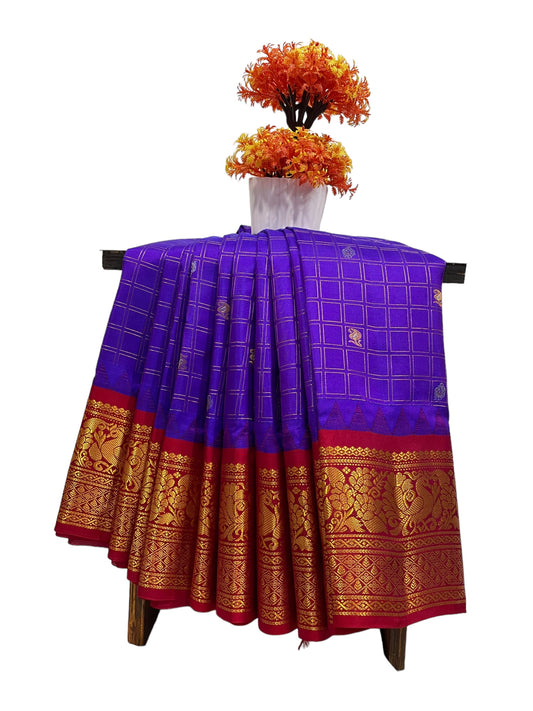 Humsa Big Checks Violet Pure Silk Saree